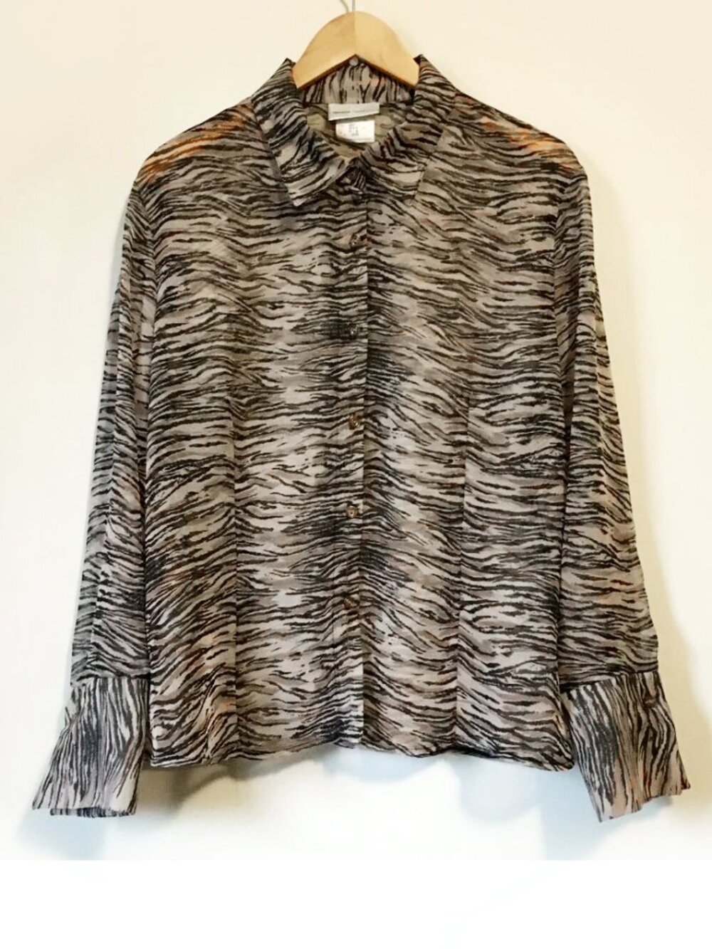 VTG Premiere Collection Sheer Brown Black Tiger Stripe Button Blouse XL Mobwife